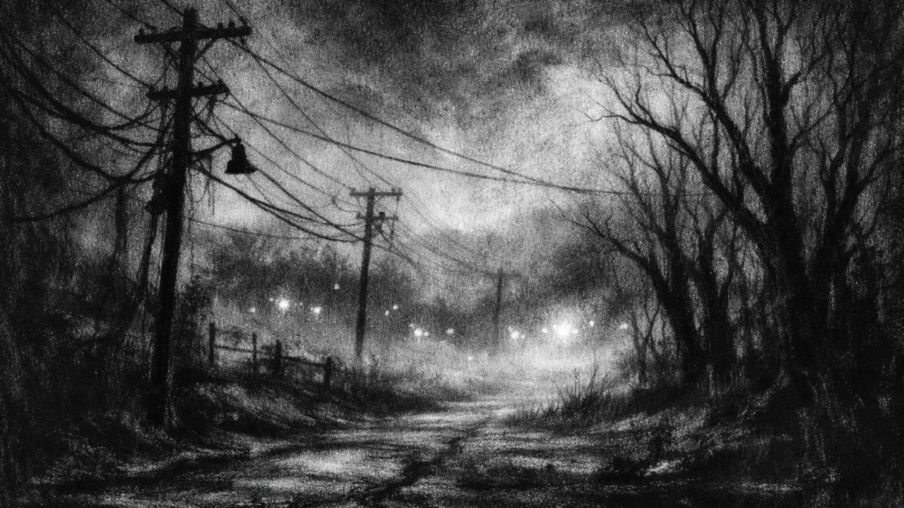 Sumorni pejzaž u charcoal film noir stilu, crno-bijela maglovita scena koja simbolizira izolaciju i unutarnju tjeskobu
