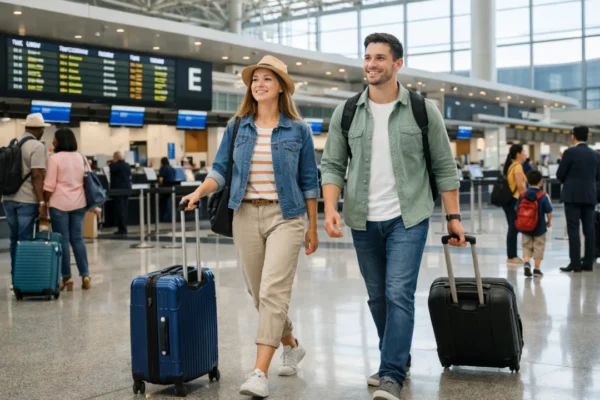 Putnici prvi put na aerodromu u velikom terminalu s check-in pultovima