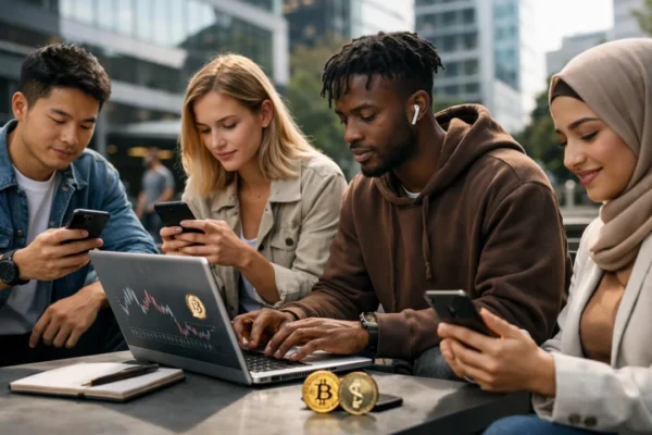 Mladi ulagači u kriptovalute koriste digitalne tehnologije u urbanom okruženju
