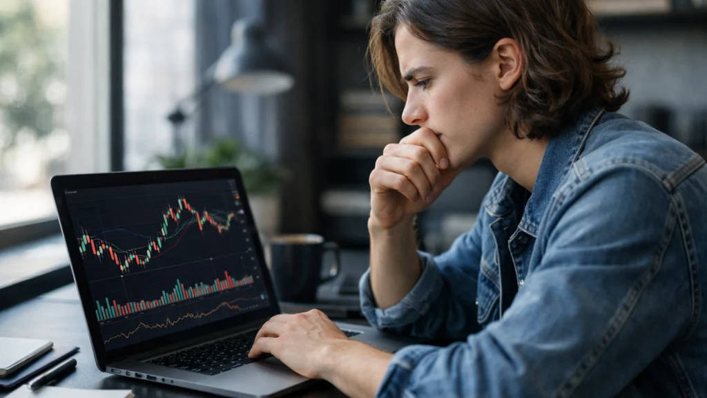 Mladi ulagač analizira volatilnost kripto tržišta na računalu