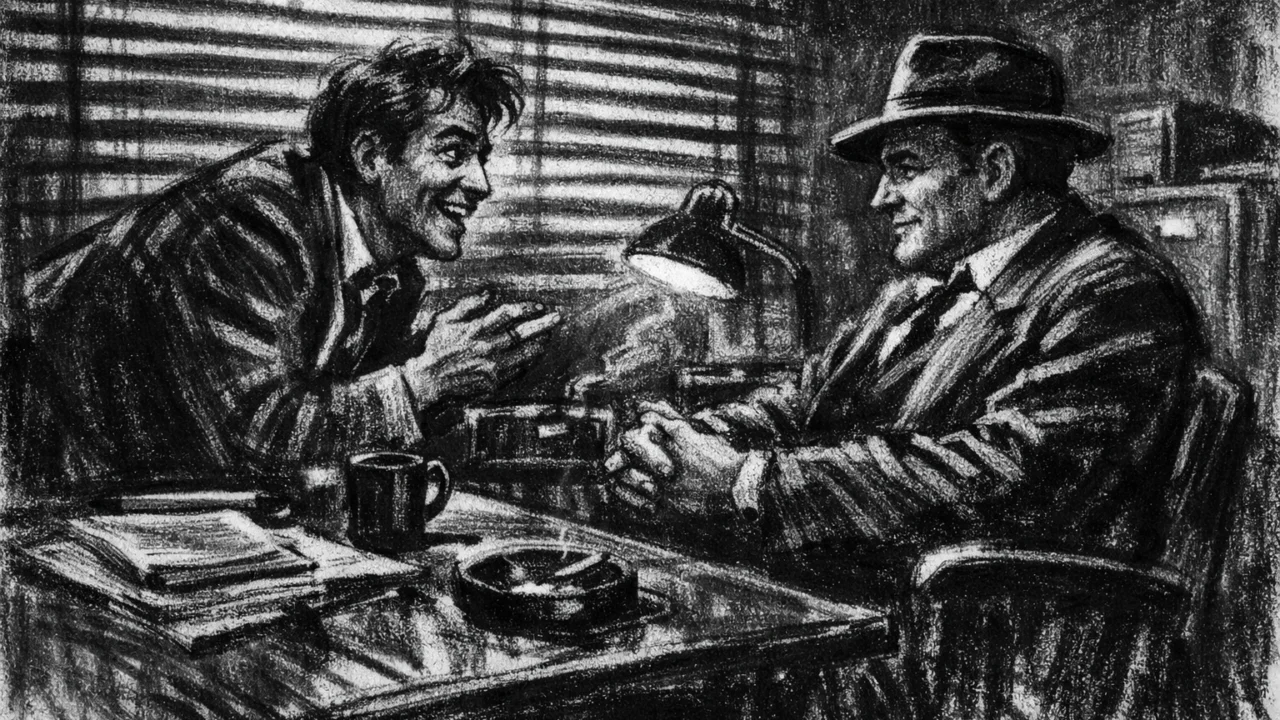 Dvoje ljudi u tihom razgovoru u zamračenom prostoru, osjećaj humora i bliskosti, charcoal film noir stil, snažan kontrast i sjene