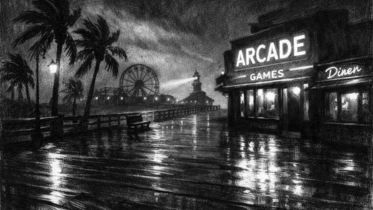 Noćni obalni ambijent s palmama i šetnicom, tajanstvena ali razigrana atmosfera, charcoal film noir stil, crno-bijela estetika