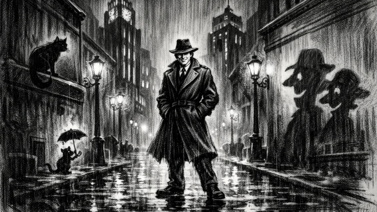 Cinematic plakat s usamljenom figurom u noćnoj ulici, razigrana atmosfera misterija, charcoal film noir stil, crno-bijelo, duboke sjene i dramatično svjetlo
