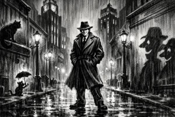 Cinematic plakat s usamljenom figurom u noćnoj ulici, razigrana atmosfera misterija, charcoal film noir stil, crno-bijelo, duboke sjene i dramatično svjetlo