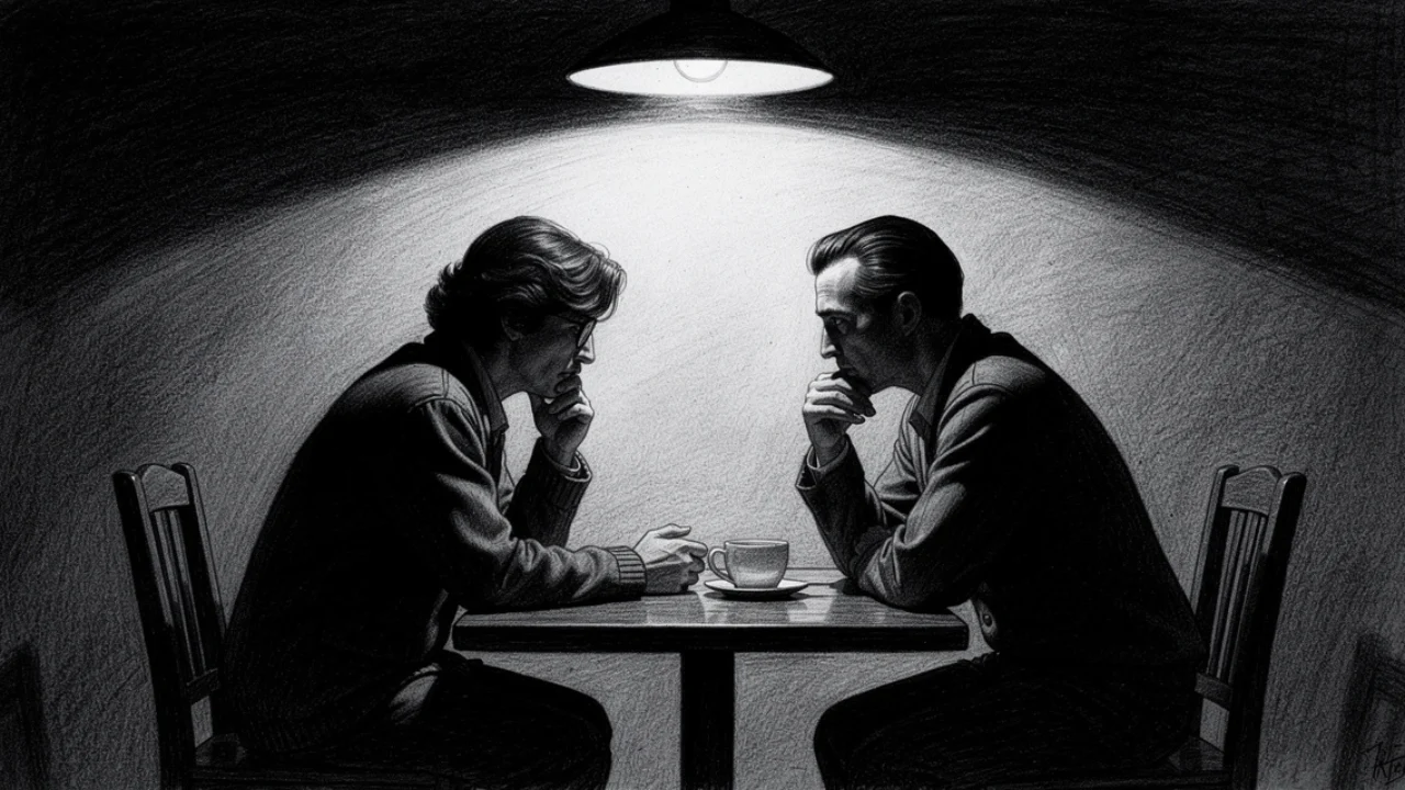 Dvoje ljudi u tihom razgovoru pod jakim svjetlom, izražajna tama i emocija, charcoal film noir stil