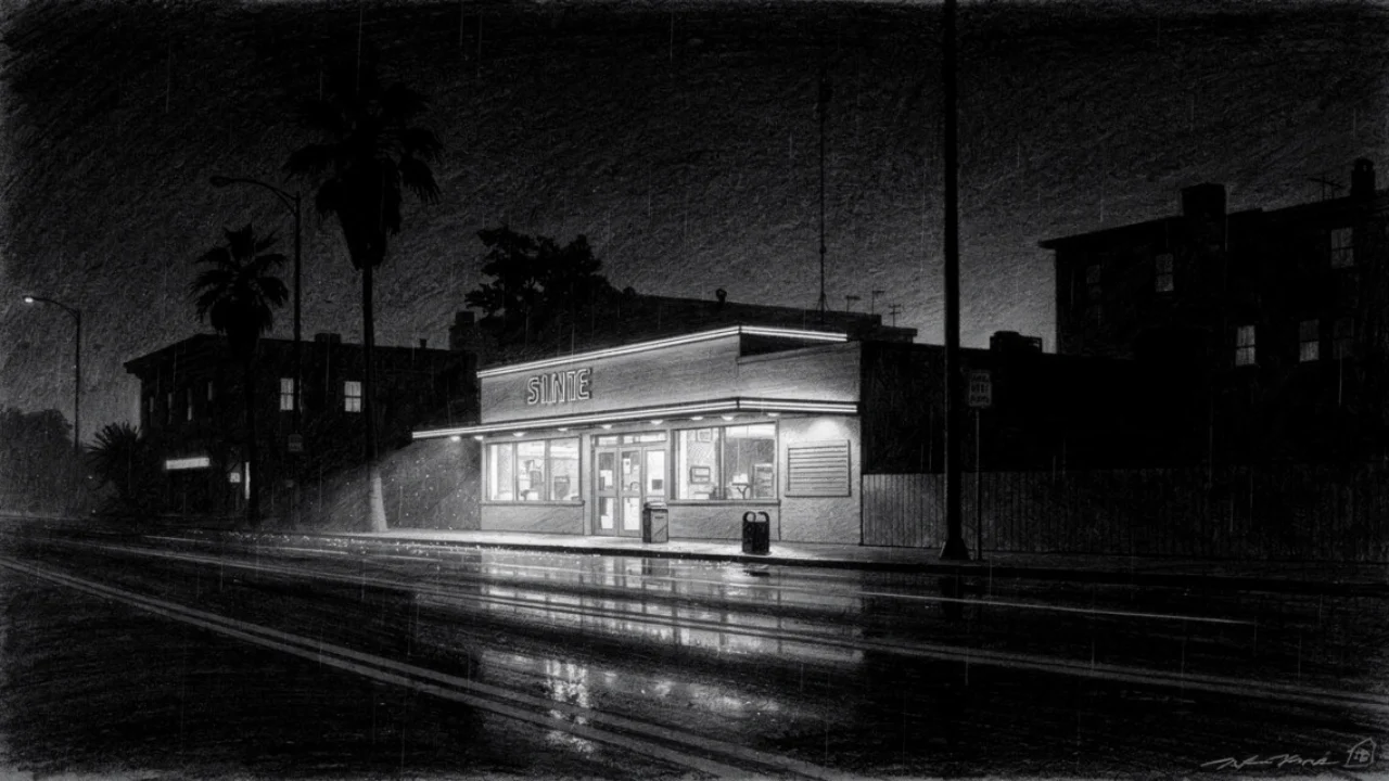 Noćni gradski pejzaž s osvijetljenim dinerom i mokrom ulicom, melankolična atmosfera, charcoal film noir stil