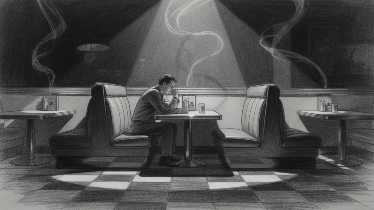 Kinematografski poster s usamljenom figurom u noćnom ambijentu, snažne sjene i kontrasti, charcoal film noir stil