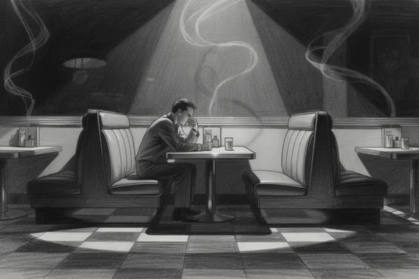 Kinematografski poster s usamljenom figurom u noćnom ambijentu, snažne sjene i kontrasti, charcoal film noir stil