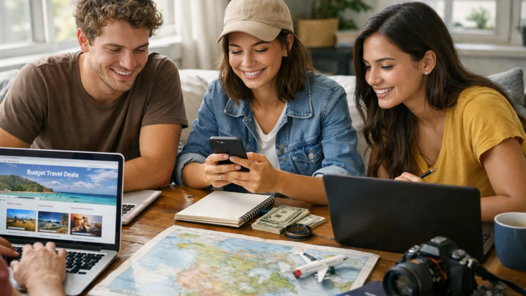 Planiranje povoljnog putovanja uz laptop i mobilni telefon