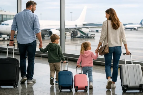Obitelj s djecom u zračnoj luci prije leta avionom