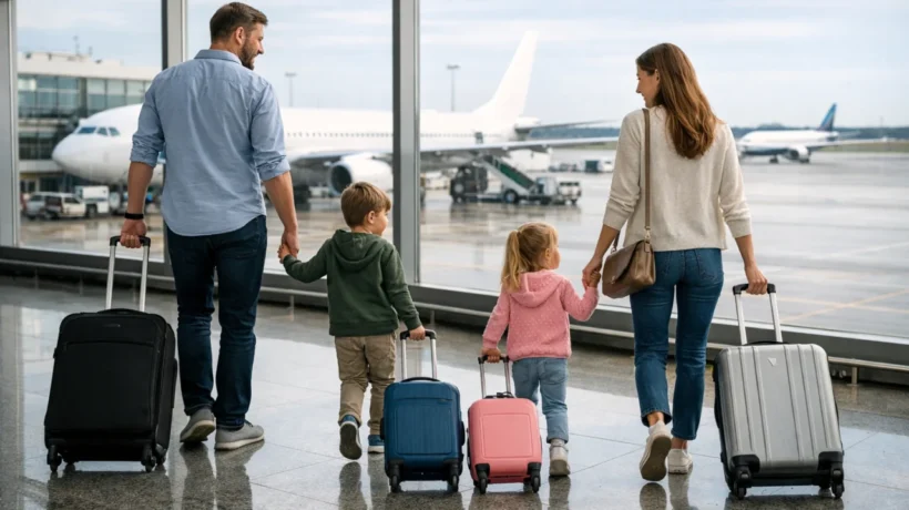 Obitelj s djecom u zračnoj luci prije leta avionom