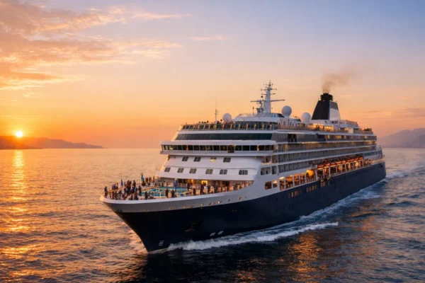 Putovanje brodom Mediteranom uz zalazak sunca i putnike na palubi