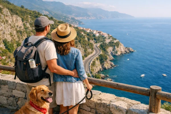 Putovanje s kućnim ljubimcem po Europi – vlasnici i pas na panoramskom vidikovcu