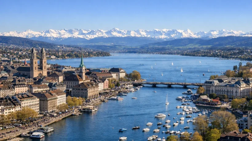 Panoramski pogled na Zürich i Alpe koji simbolizira skupo putovanje u Švicarsku