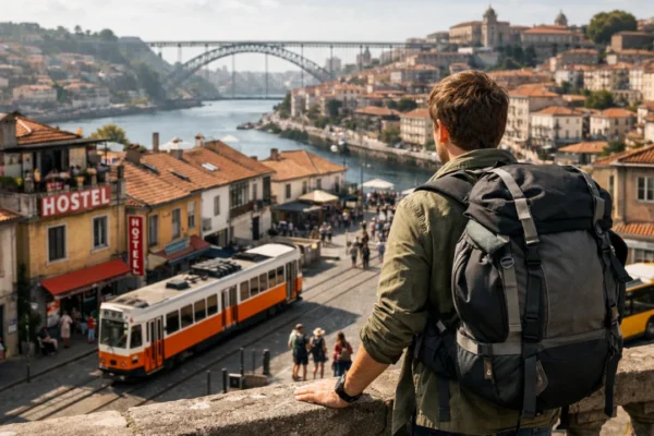 Putnik s ruksakom u europskom gradu simbolizira putovanje s ograničenim budžetom