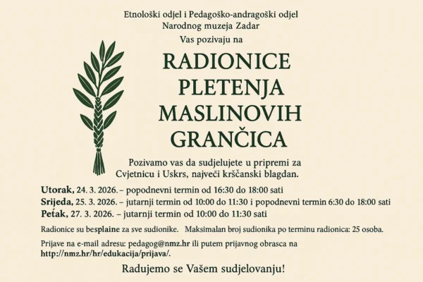 Naslovna grafika s plavim gradientom i naslovom “Radionice pletenja maslinovih grančica 2026.”