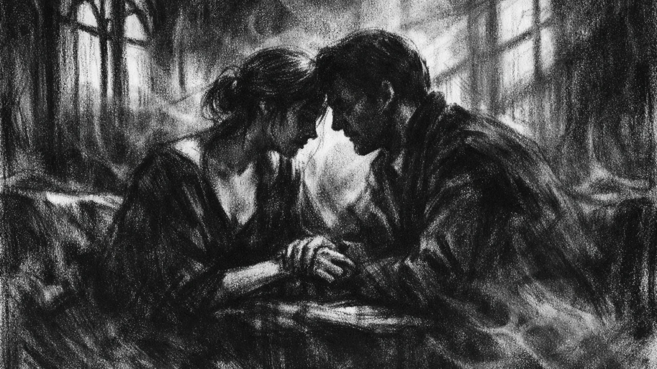 Tiha emocionalna scena dvoje ljudi u zatvorenom prostoru, naglašene sjene i napetost, charcoal film noir stil.