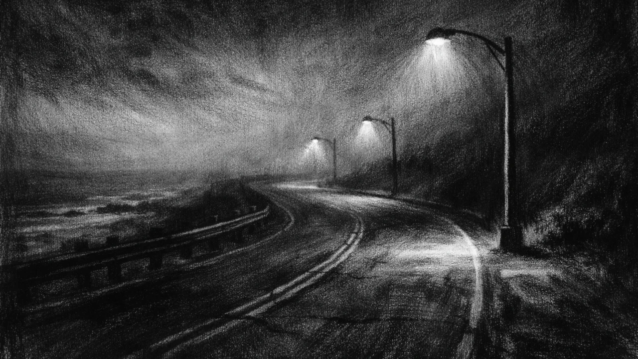 Pusta obalna cesta u magli i sumraku, simbol izolacije i unutarnjih demona, charcoal film noir stil.