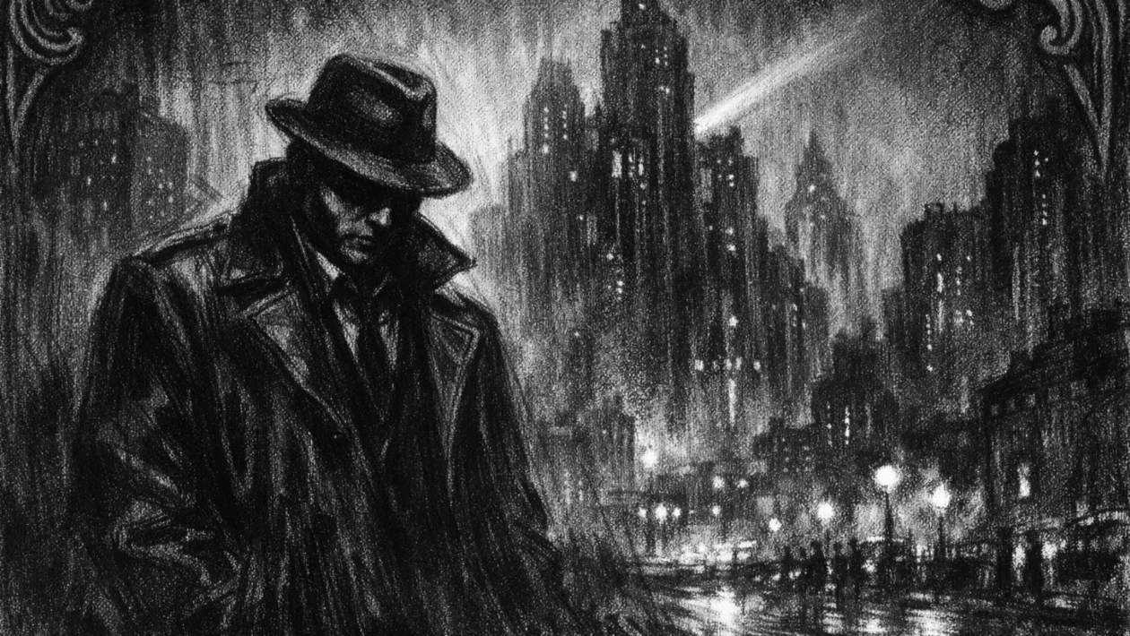 Filmski poster s usamljenom figurom u mračnom gradu, snažne sjene i kontrast, charcoal film noir stil.