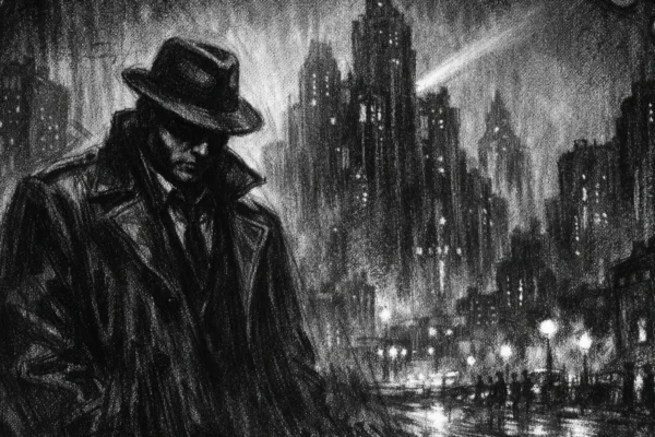 Filmski poster s usamljenom figurom u mračnom gradu, snažne sjene i kontrast, charcoal film noir stil.