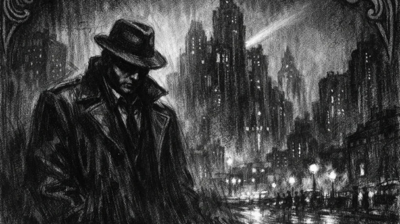 Filmski poster s usamljenom figurom u mračnom gradu, snažne sjene i kontrast, charcoal film noir stil.