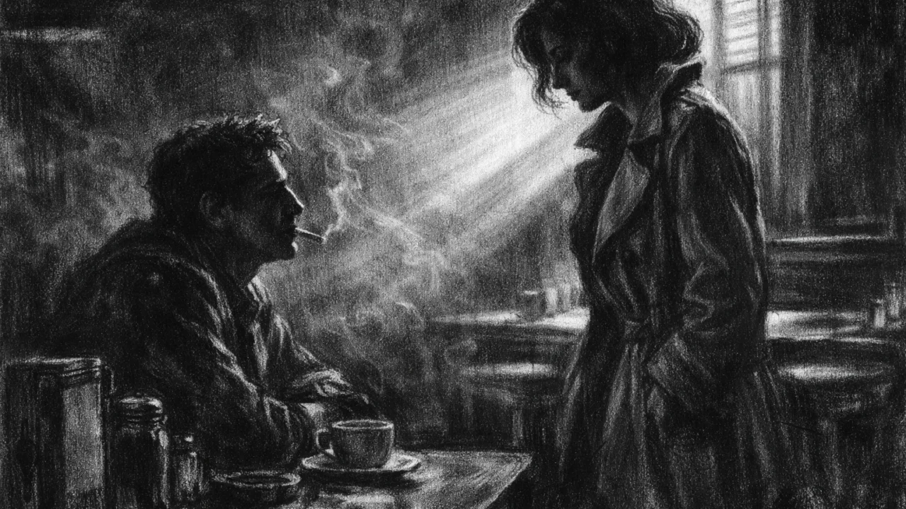 Dvoje ljudi u tihom razgovoru u mračnoj zalogajnici, charcoal film noir stil s jakim kontrastom i emotivnom napetošću.
