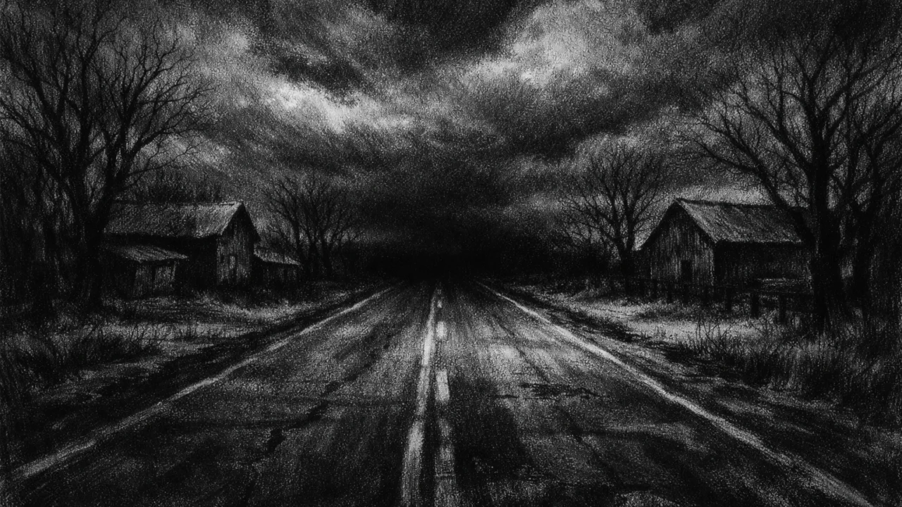 Prazna cesta koja nestaje u tami, snažan charcoal film noir stil s osjećajem samoće i sudbinske atmosfere.