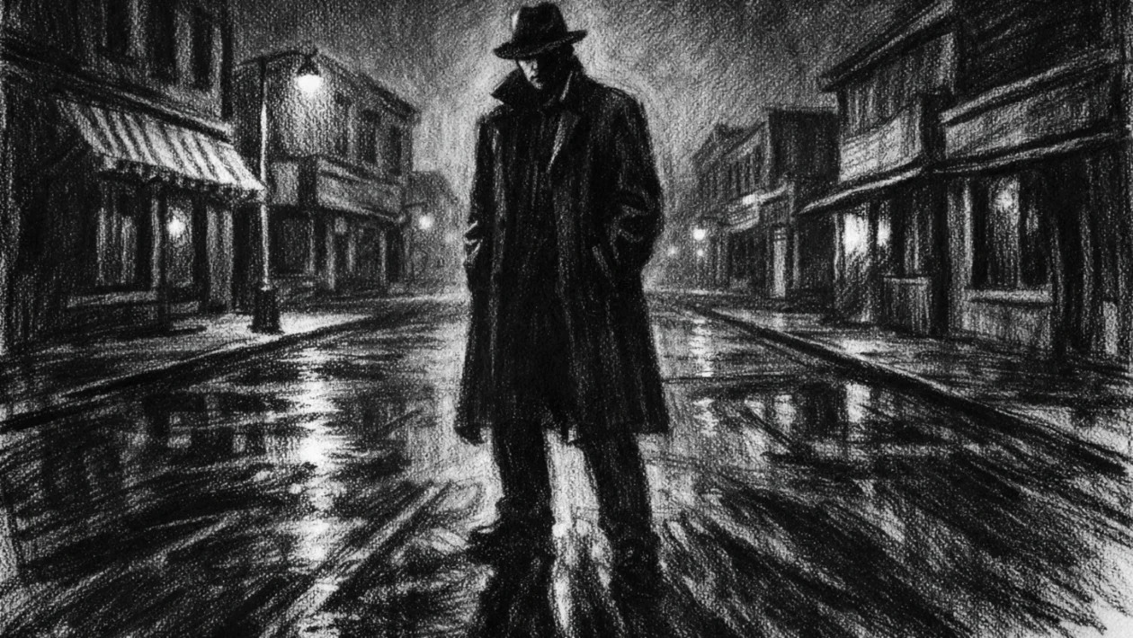 Filmski poster s usamljenom figurom u noćnoj ulici, izražen charcoal film noir stil, snažne sjene i tiha napetost.