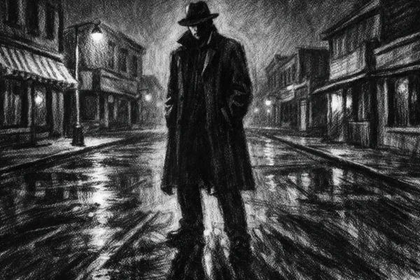 Filmski poster s usamljenom figurom u noćnoj ulici, izražen charcoal film noir stil, snažne sjene i tiha napetost.