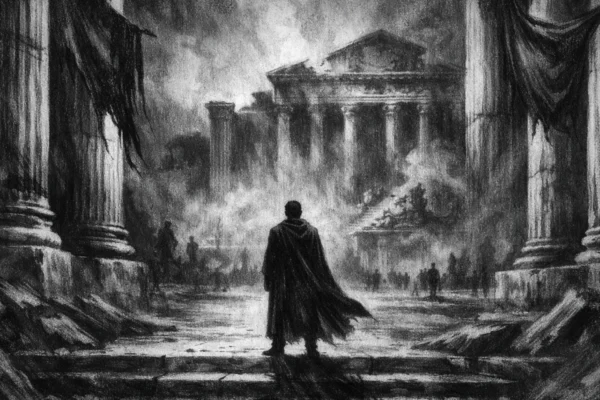 Filmski poster s usamljnom figurom ispod monumentalne arhitekture, mračni ugođaj i snažni kontrasti u charcoal film noir stilu.