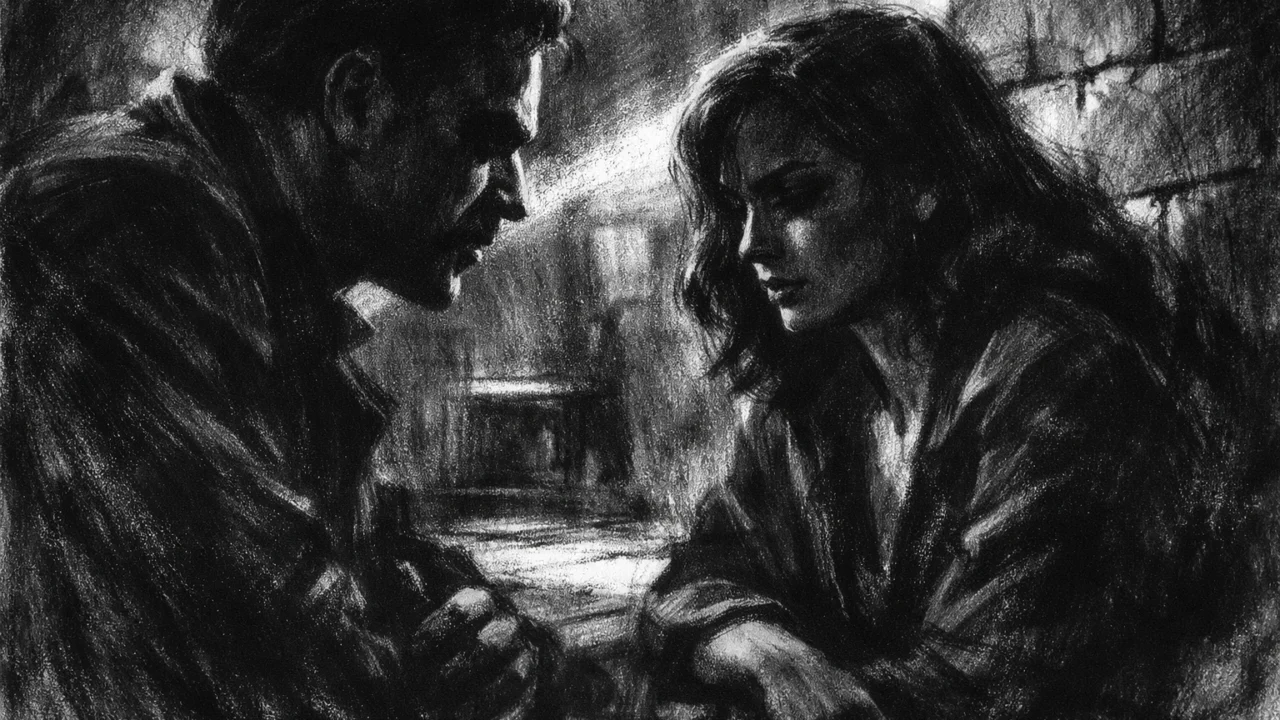 Dvije osobe u tihom razgovoru u tamnom interijeru, naglašene sjene i emocije, prikazano u charcoal film noir stilu.