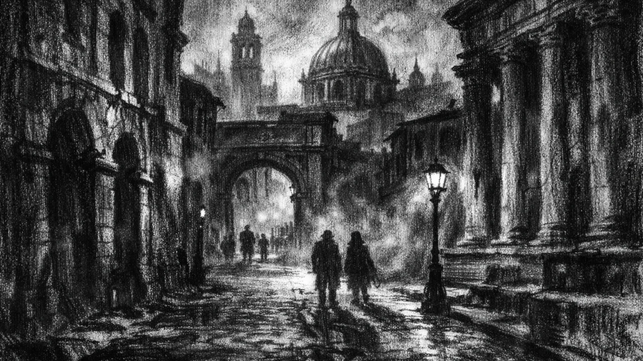 Atmosferski prikaz antičkog grada u sumrak, magla i duboke sjene među građevinama u charcoal film noir stilu.