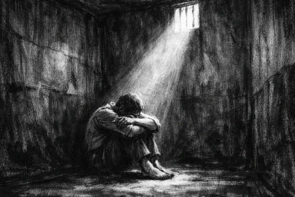 Filmski poster u charcoal film noir stil, crno-bijela scena s dubokim sjenama, mala zatvorena prostorija i usamljena figura obasjana uskim snopom svjetla, snažna emocionalna atmosfera.