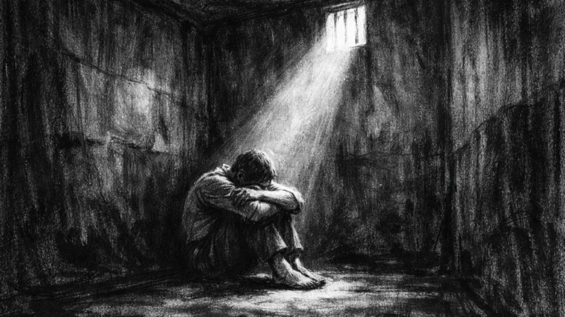 Filmski poster u charcoal film noir stil, crno-bijela scena s dubokim sjenama, mala zatvorena prostorija i usamljena figura obasjana uskim snopom svjetla, snažna emocionalna atmosfera.