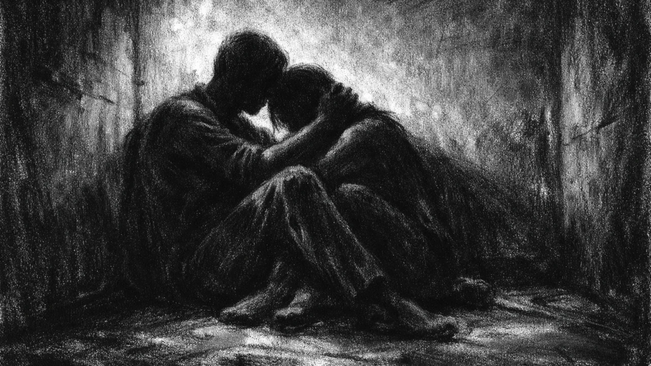 Intimna scena u charcoal film noir stilu, dvije figure sjede blizu jedna druge u skučenom prostoru, crno-bijelo s jakim kontrastom i naglašenim emocijama.