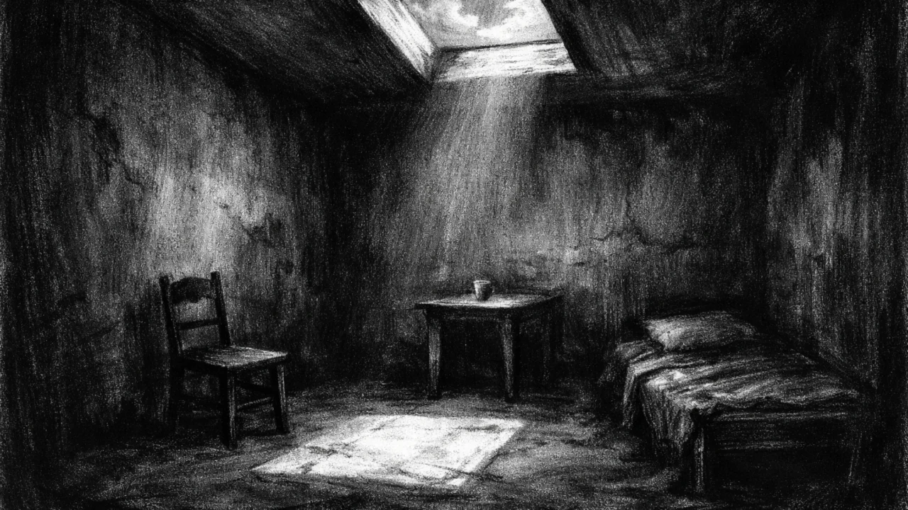 Atmosferski prikaz prazne sobe u charcoal film noir stilu, crno-bijeli kadar s dubokim sjenama i svjetlom koje simbolizira nadu i izolaciju.