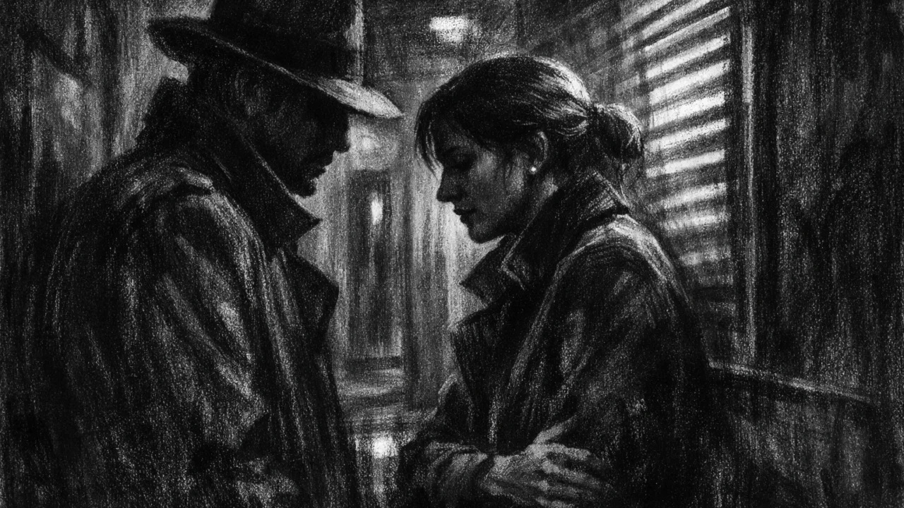 Intimna scena razgovora dvoje ljudi u mračnom hodniku, prikazana u charcoal film noir stilu, s naglaskom na emocije, povjerenje i duboke sjene.