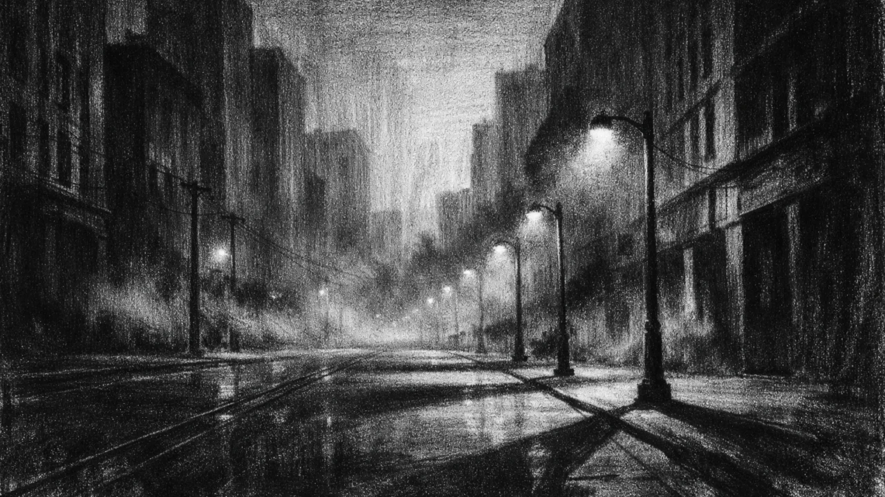 Prazne gradske ulice u zoru s maglom i dugim sjenama, prikazane u charcoal film noir stilu, stvarajući osjećaj tihe napetosti i iščekivanja.