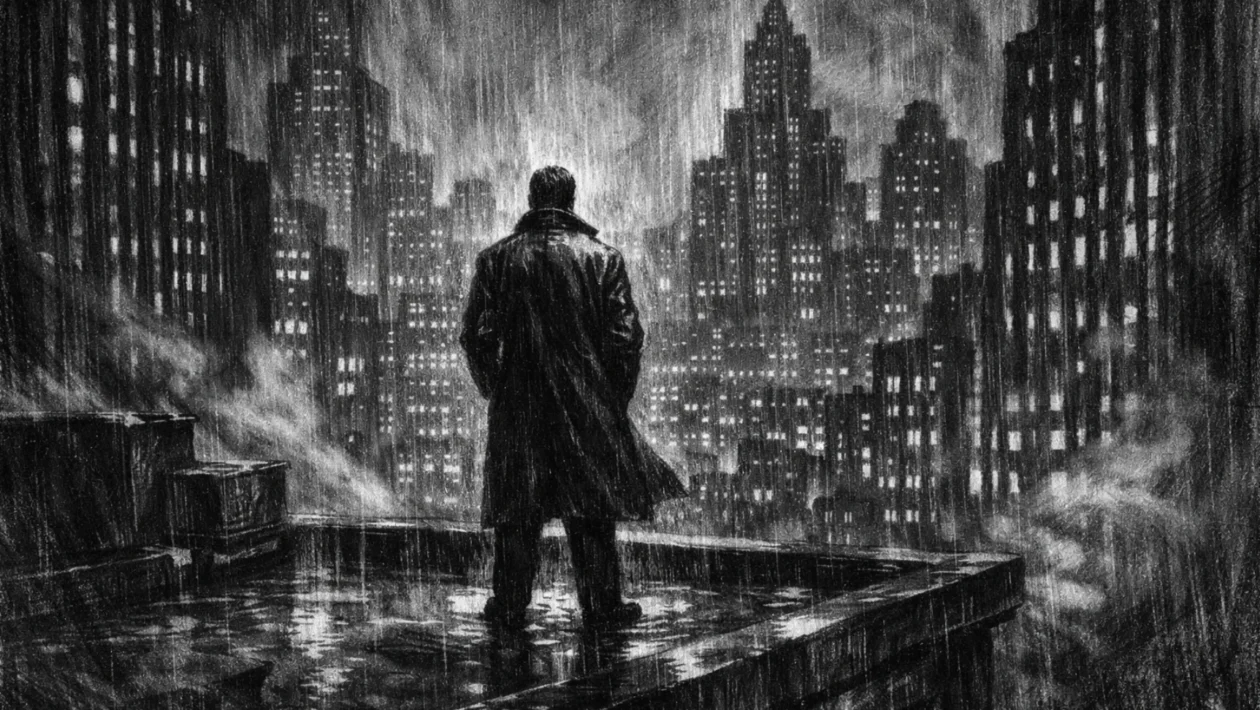 Filmski plakat s usamljenom figurom na krovu grada, izražen u charcoal film noir stilu, crno-bijelo s dubokim sjenama i snažnom atmosferom odgovornosti i napetosti.