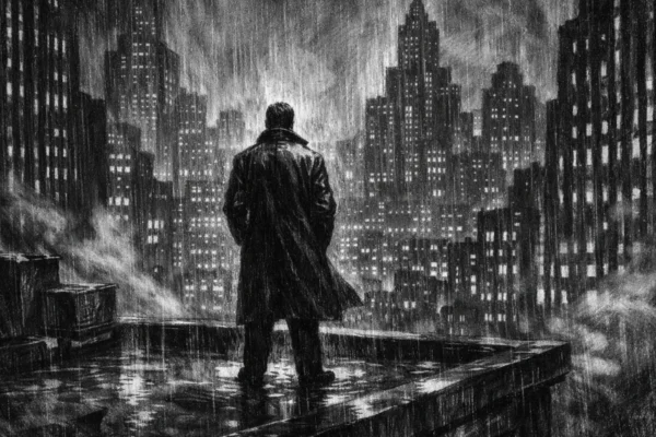 Filmski plakat s usamljenom figurom na krovu grada, izražen u charcoal film noir stilu, crno-bijelo s dubokim sjenama i snažnom atmosferom odgovornosti i napetosti.