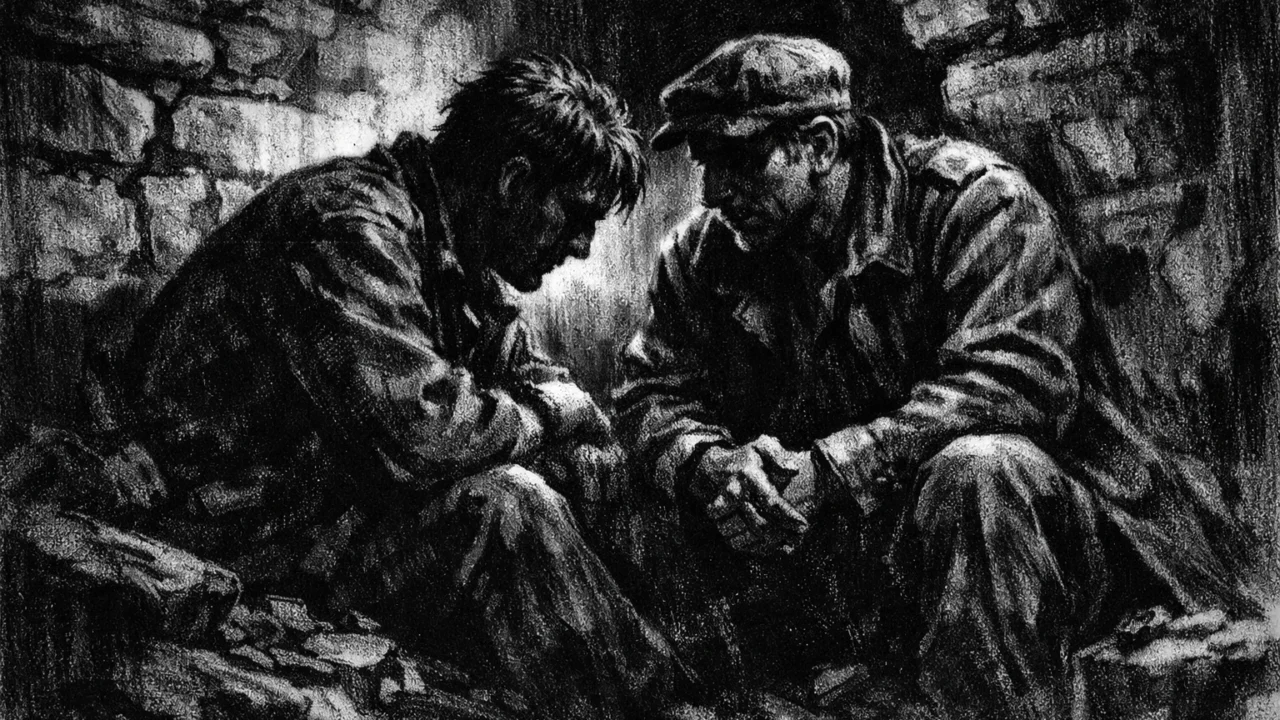 Emotivni trenutak dvoje ljudi u zaklonu, izražen crtežem ugljenom u charcoal film noir stilu, crno-bijela slika s jakim kontrastom i naglašenim sjenama