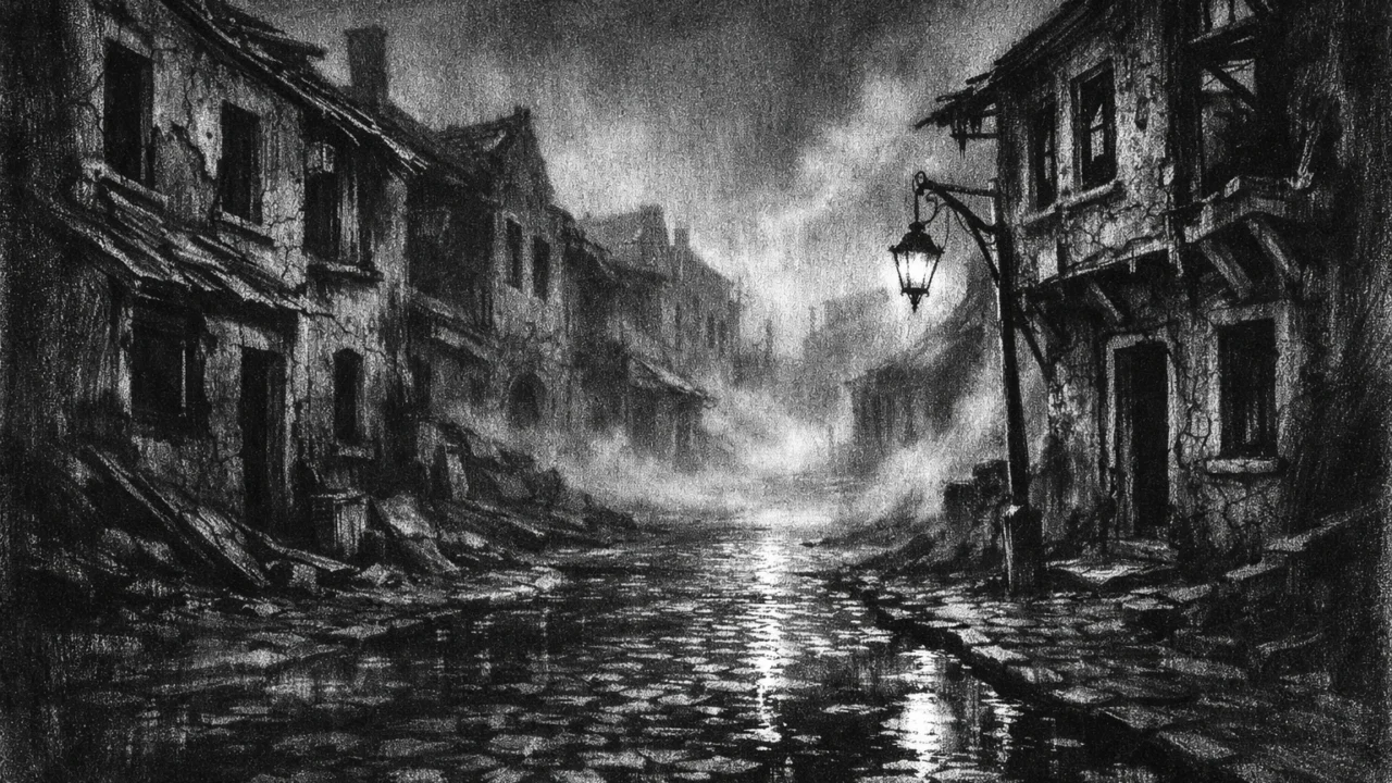 Atmosferska prazna ulica s maglom i starom arhitekturom, prikazana kao crtež ugljenom u charcoal film noir stilu, crno-bijelo s dubokim sjenama i turobnim ugođajem