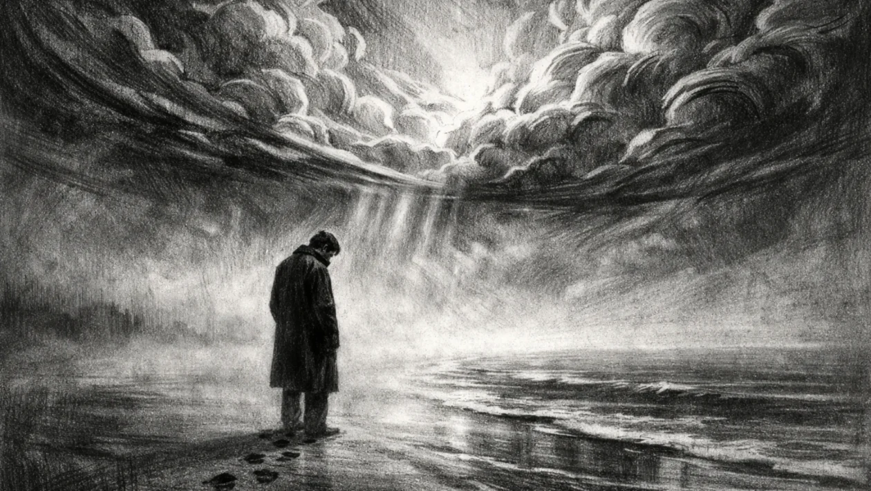 Cinematični prizor usamljene figure na maglovitoj obali, crtež ugljenom u charcoal film noir stilu, crno-bijelo s dubokim sjenama i teškom, melankoličnom atmosferom