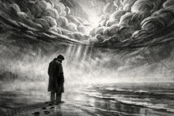 Cinematični prizor usamljene figure na maglovitoj obali, crtež ugljenom u charcoal film noir stilu, crno-bijelo s dubokim sjenama i teškom, melankoličnom atmosferom