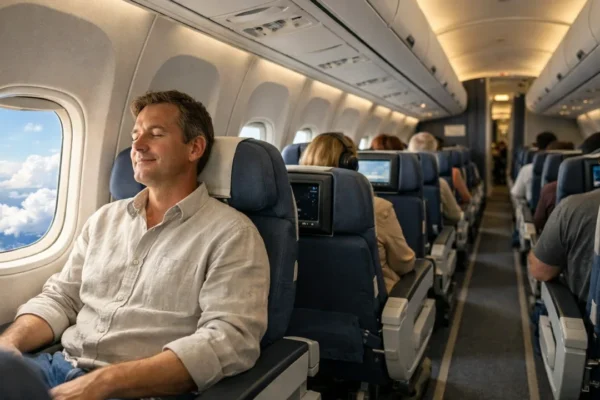 Putnici u avionu tijekom mirnog leta, simbol savladavanja straha od letenja