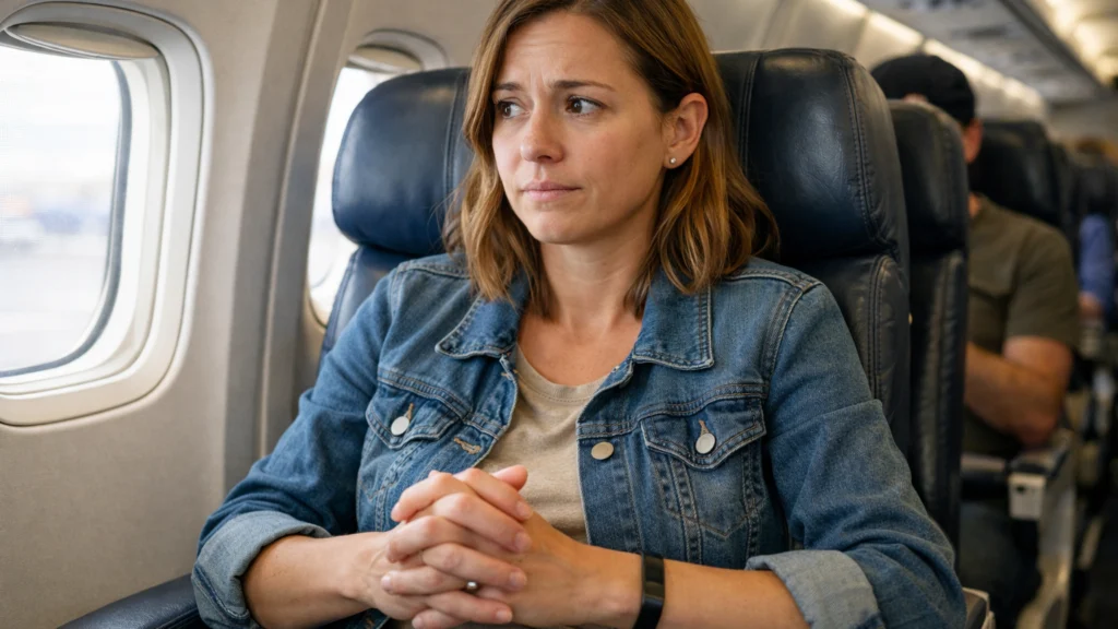 Putnik u avionu koji osjeća strah od letenja prije polijetanja