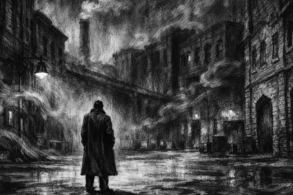 Filmski poster s usamljenom figurom u industrijskom dvorištu, crno-bijeli charcoal film noir stil s dubokim sjenama i snažnom emocionalnom atmosferom