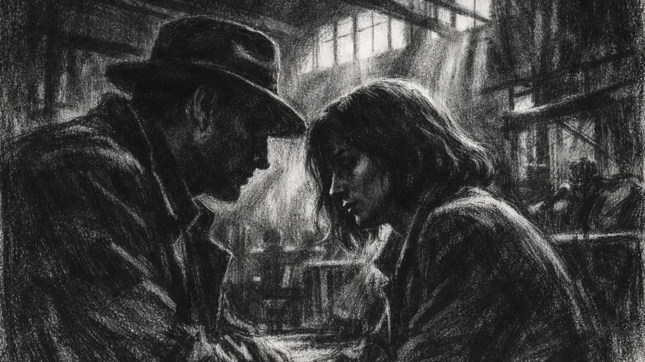 Intimna scena razgovora u tamnom interijeru, charcoal film noir stil, snažni kontrasti svjetla i sjene naglašavaju emocije