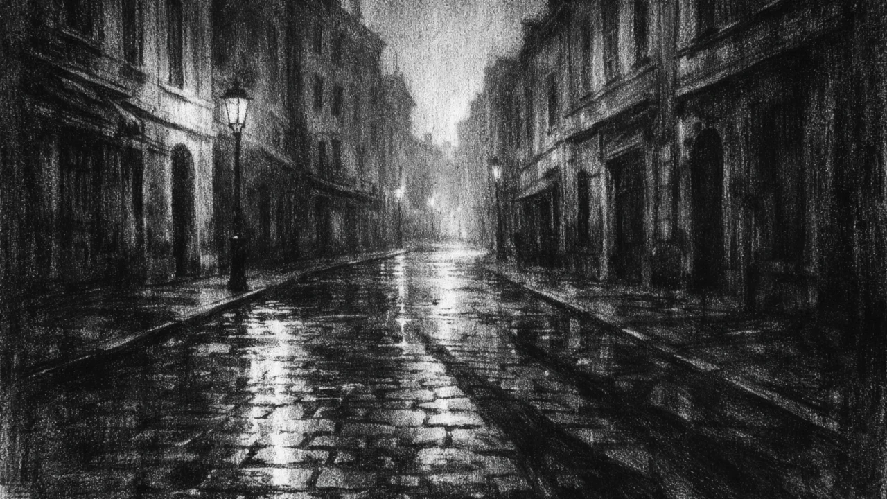 Prazna povijesna ulica u zoru, crno-bijeli charcoal film noir stil s melankoličnom atmosferom i dubokim sjenama