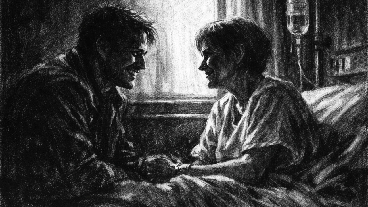 Dvije siluete u tihom razgovoru kraj prozora, intimna scena u charcoal film noir stilu, crno-bijela paleta, snažno svjetlo i sjene, emotivni ugođaj.